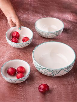 Ekhasa - Ceramic 4 Serving Bowl White With Design (Pack of 4)