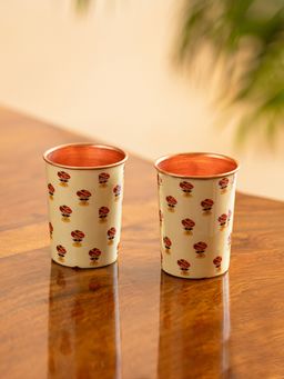 ExclusiveLane - Rajasthani Folk Musicians Hand-Enamelled Water Glasses In Copper (Pack of 2)
