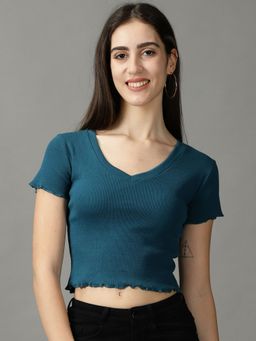 SHOWOFFFF - Womens V-Neck Fitted Solid Teal Crop Top