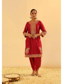 Sheetal Batra - Anjum - Deep Red Short Kurta With Dhoti And Dupatta