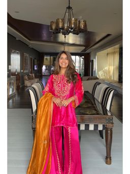 Sheetal Batra - Aroob - Silk Velvet Rani Hot pink Kurta With Sharara And Dupatta