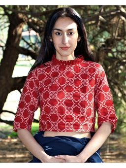 Chidiyaa - Maroon Block printed Cotton Crop Top Blouse With Frills
