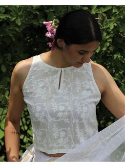 Chidiyaa - Ivory Pure Cotton Sleeveless Handprinted Blouse