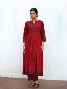 Chidiyaa - Red Pure Cotton Hand Block Kurta with Pant