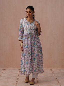 House of Chikankari - Pink Mulmul A-Line Floral Dress