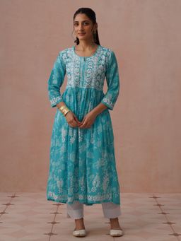 House of Chikankari - Blue Mulmul A-Line Floral Dress