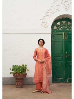 Karaj Jaipur - Orange Chanderi Mirror Work Kurta with Pant and Dupatta