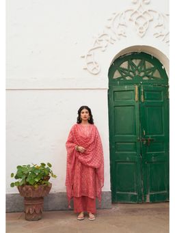Karaj Jaipur - Coral Chanderi Mirror Work Kurta with Pant and Dupatta