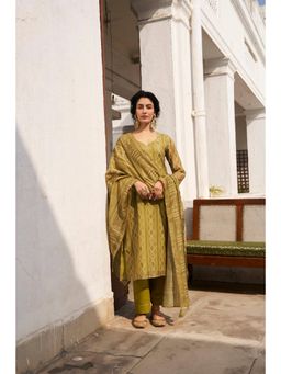 Karaj Jaipur - Olive Chanderi Mirror Work Kurta with Pant and Dupatta