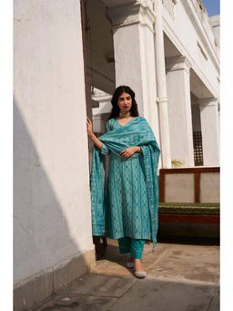 Karaj Jaipur - Teal Chanderi Mirror Work Kurta with Pant and Dupatta