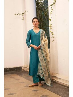 Karaj Jaipur - Teal Chanderi Mirror Work Kurta with Pant and Dupatta