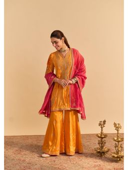 Sheetal Batra - Nooren - Silk Velvet Burnt Orange Kurta With Flared Palazzo And Dupatta