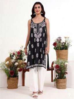 The Chikan Label - Kamya Black Rayon Chikankari Strappy Long Kurta