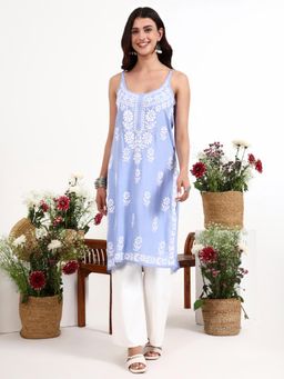 The Chikan Label - Kamya Powder Blue Rayon Chikankari Strappy Long Kurta