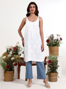 The Chikan Label - Kamya White Rayon Chikankari Strappy Long Kurta