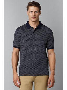 Louis Philippe - Men Navy Blue Print Polo Neck T-Shirt