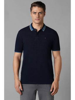 Louis Philippe - Men Navy Blue Solid Polo Neck T-Shirt