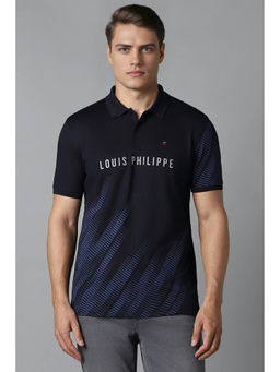 Louis Philippe - Men Navy Blue Print Polo Neck T-Shirt