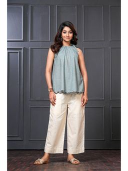 Thread Game - Moody Blue Handwoven Cotton Scallop Hem Flared Top