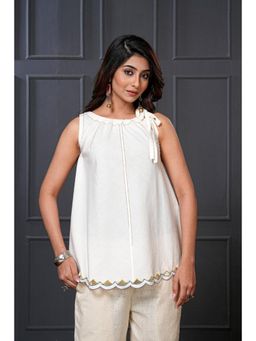 Thread Game - White Handwoven Cotton Scallop Hem Flared Top