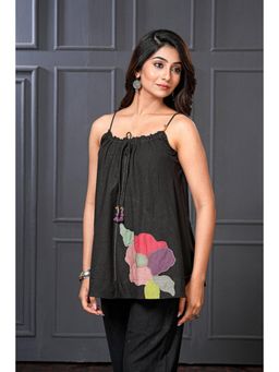 Thread Game - Black Handwoven Cotton Floral Flared Spaghetti Top