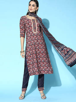 Libas - Navy Blue Floral Print Straight Kurta with Pant & Dupatta (Set of 3)
