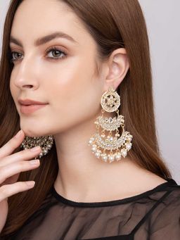 Indya - Gold White Kundan Multi Layer Chandbali Earrings