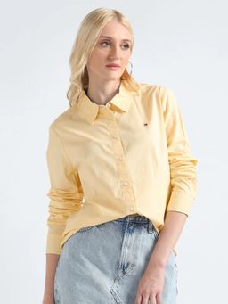 Tommy Hilfiger - Womens Yellow Solid Regular Fit Cotton Shirt