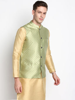 Devoiler - Men Green & Gold Toned Ethnic Motif Printed Nehru Jacket