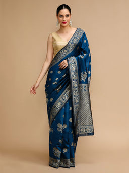 Lush Glam - Navy Blue Woven Saree with Unstitched Blouse