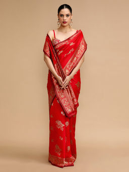 Lush Glam - Red Woven Saree with Unstitched Blouse