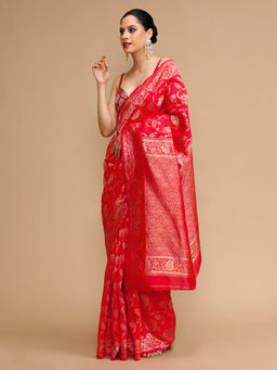 Lush Glam - Red Woven Saree with Unstitched Blouse