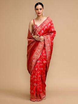 Lush Glam - Red Woven Saree with Unstitched Blouse