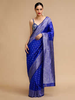 Lush Glam - Blue Woven Saree with Unstitched Blouse