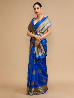 Lush Glam - Blue Woven Saree with Unstitched Blouse