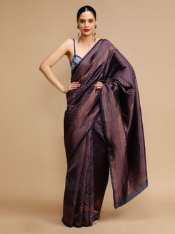 Lush Glam - Navy Blue Woven Saree with Unstitched Blouse