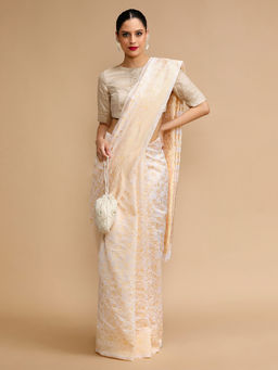Lush Glam - Off White Woven Saree with Unstitched Blouse