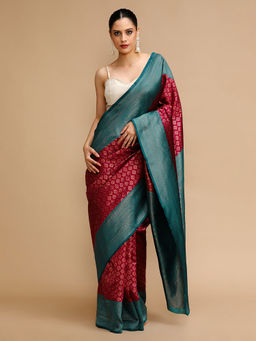 Lush Glam - Maroon Woven Saree with Unstitched Blouse
