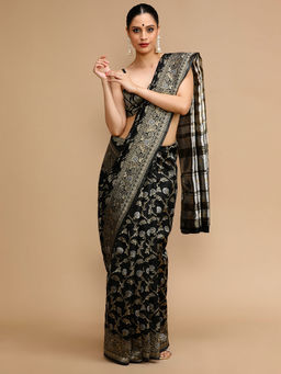 Lush Glam - Black Woven Saree with Unstitched Blouse