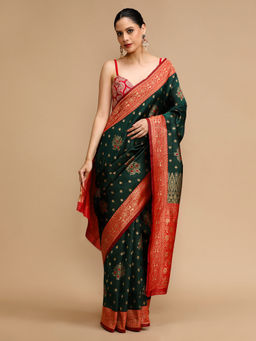 Lush Glam - Green Woven Saree with Unstitched Blouse