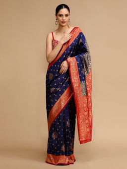 Lush Glam - Navy Blue Woven Saree with Unstitched Blouse