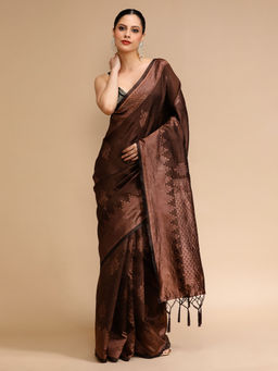 Lush Glam - Brown Woven Saree with Unstitched Blouse