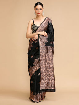 Lush Glam - Black Woven Saree with Unstitched Blouse