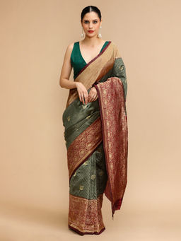 Lush Glam - Green Woven Saree with Unstitched Blouse