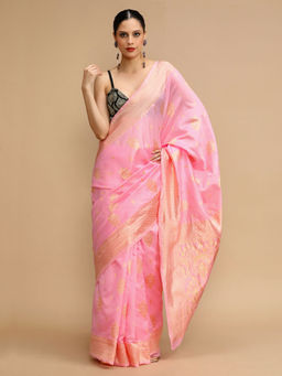 Lush Glam - Pink Woven Saree with Unstitched Blouse