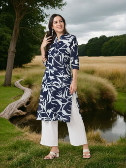 FASHOR - Navy Blue Floral Kurta