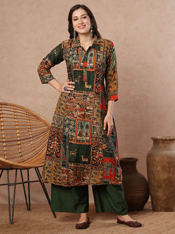 FASHOR - Green Abstract Kurta and Palazzo (Set of 2)
