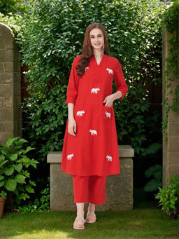 FASHOR - Red Solid Kurta and Palazzo (Set of 2)