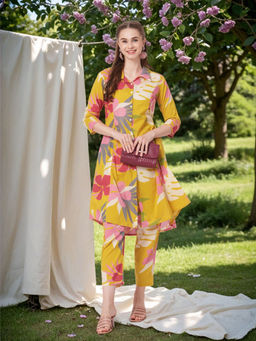 FASHOR - Yellow Floral Kurta and Pant (Set of 2)