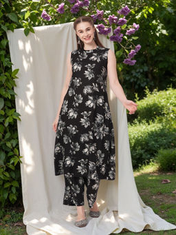 FASHOR - Black Floral Kurta and Palazzo (Set of 2)